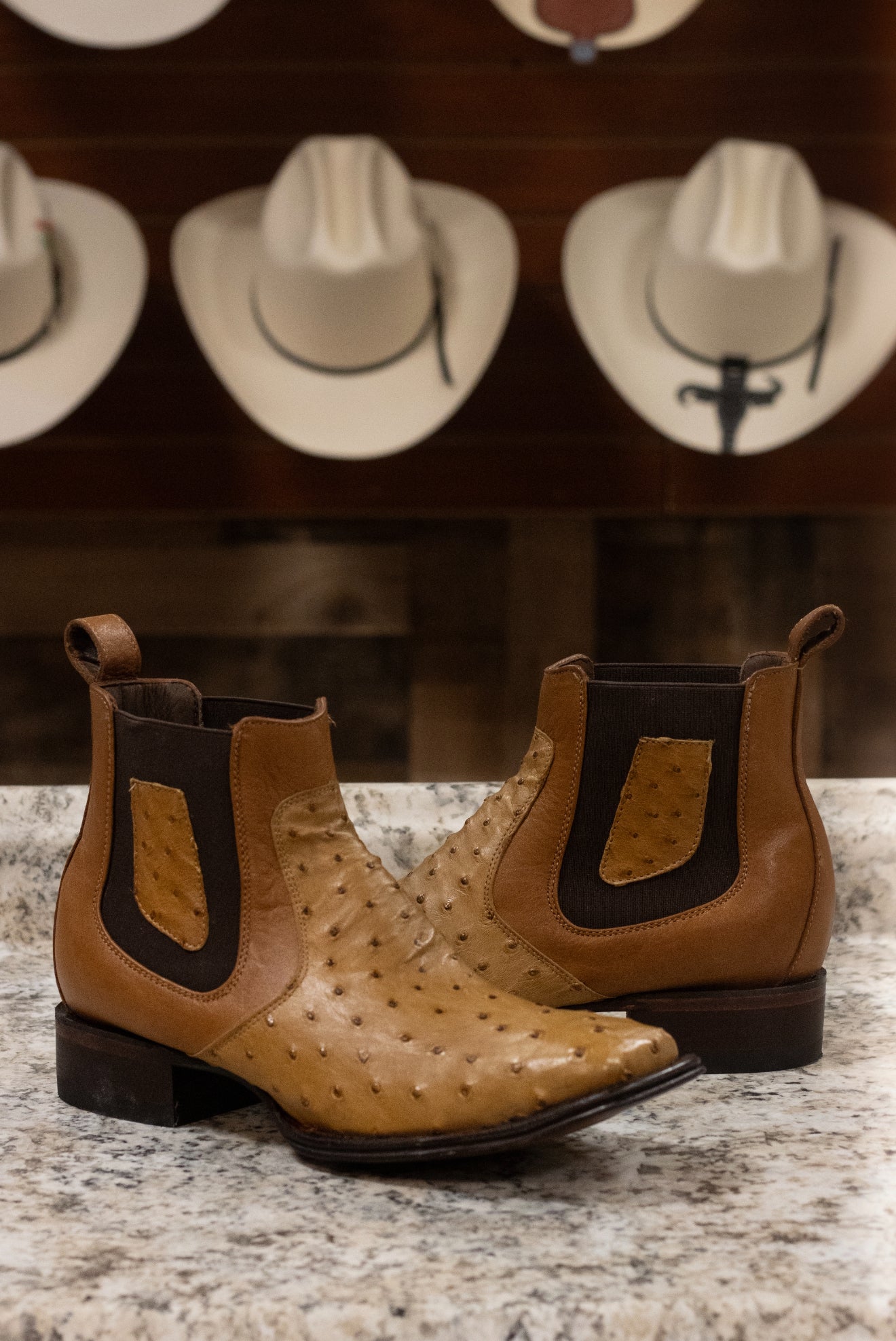 Ostrich Square Toe “Honey Comb” Botin