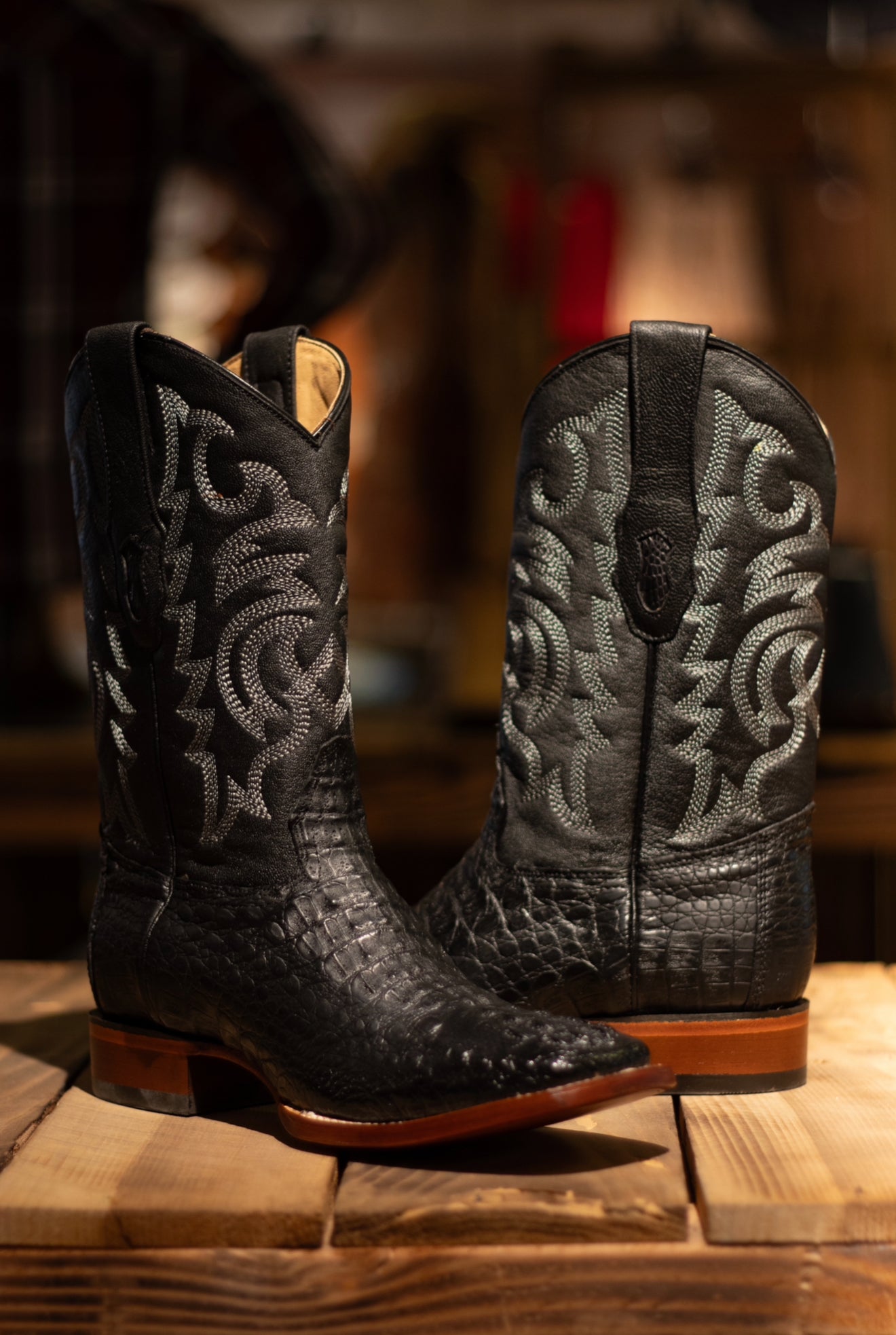 Caiman Hornback Square Toe “Midnight Black” Boots