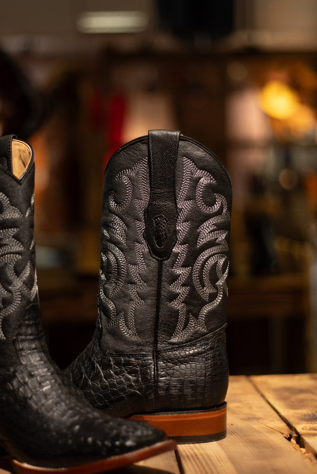 Caiman Hornback Square Toe “Midnight Black” Boots