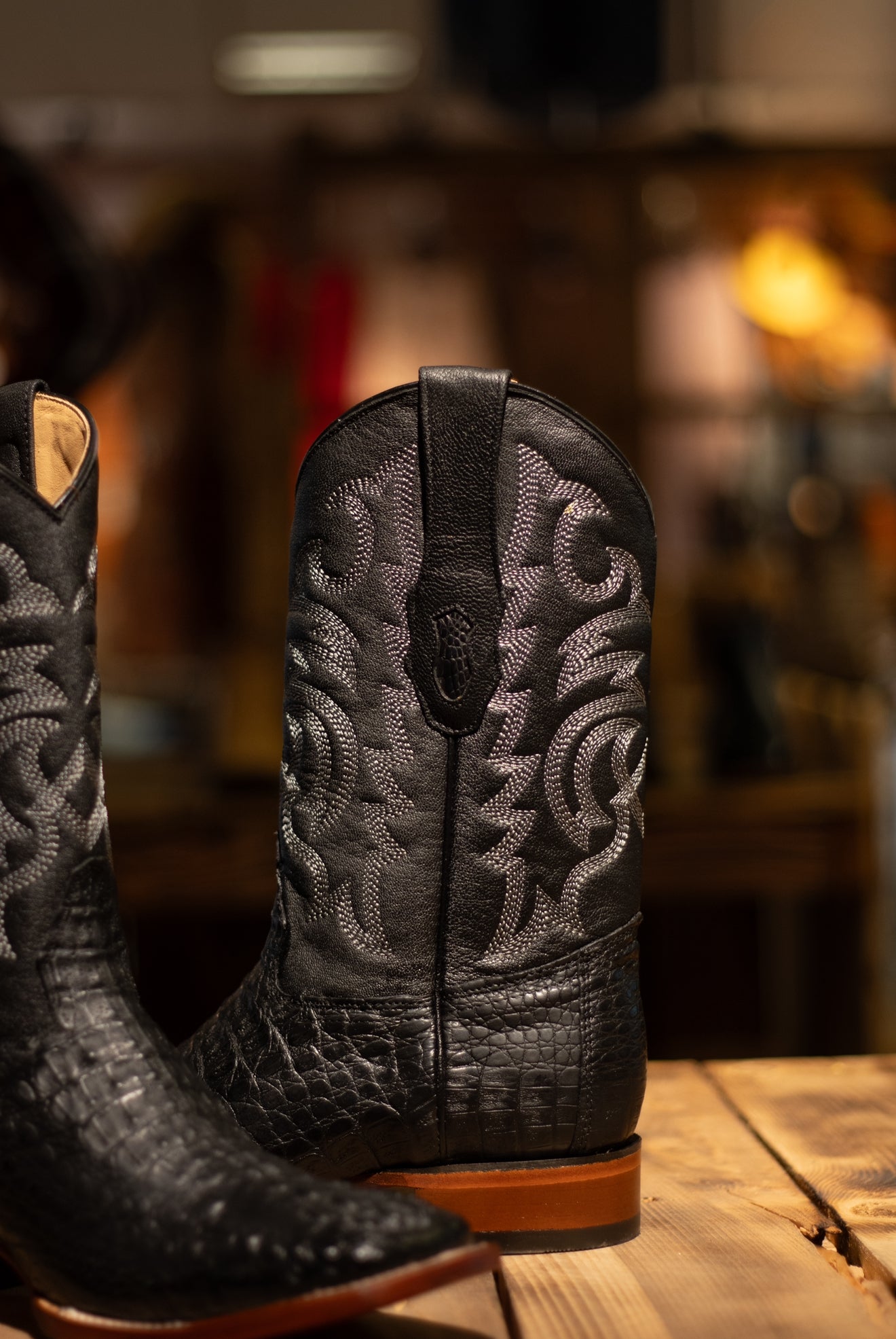 Caiman Hornback Square Toe “Midnight Black” Boots