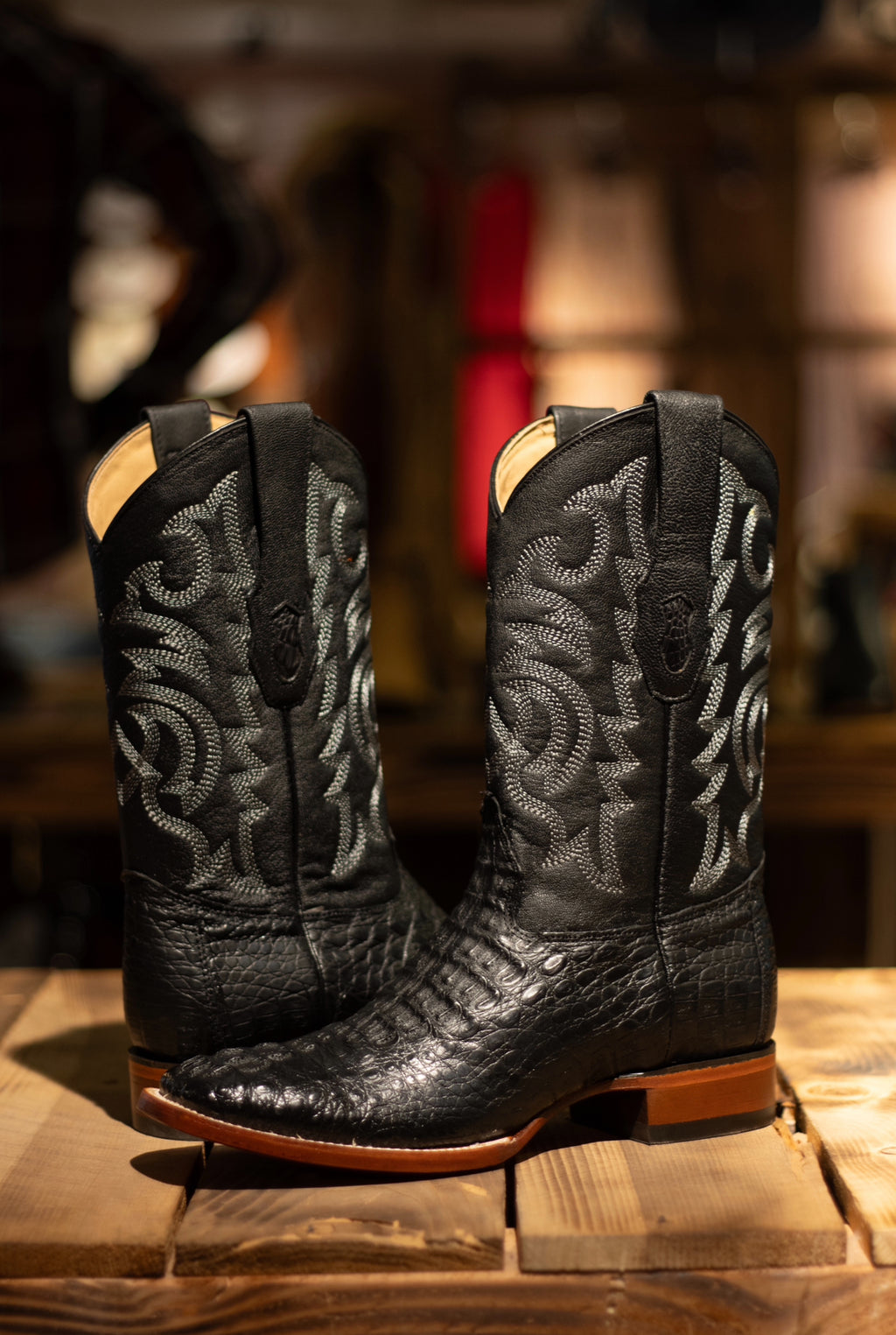 Caiman Hornback Square Toe “Midnight Black” Boots